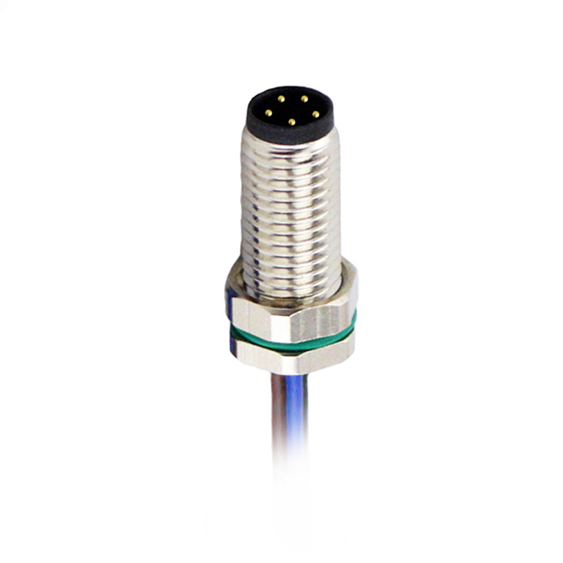 M8 5pins B code male straight front panel mount connector,unshielded,single wires,brass with nickel plated shell
